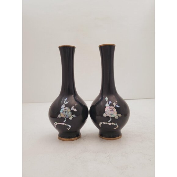 Vintage Black Enameled Bronze Vase with Pearl Decoration, Black Lacquer Painted - Picture 1 of 10